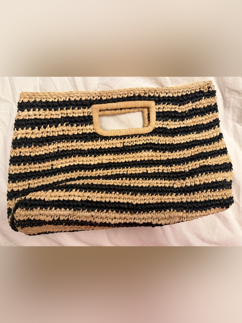 J. Crew black striped raffia clutch